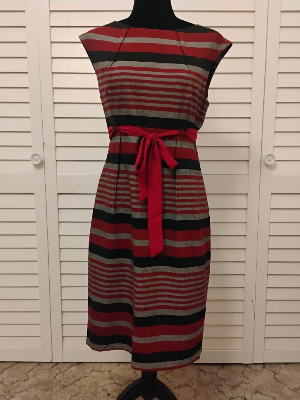 Calvin Klein Red (Burgundy), Gray, Black Stripe Sheath belted dress. EUC. 10